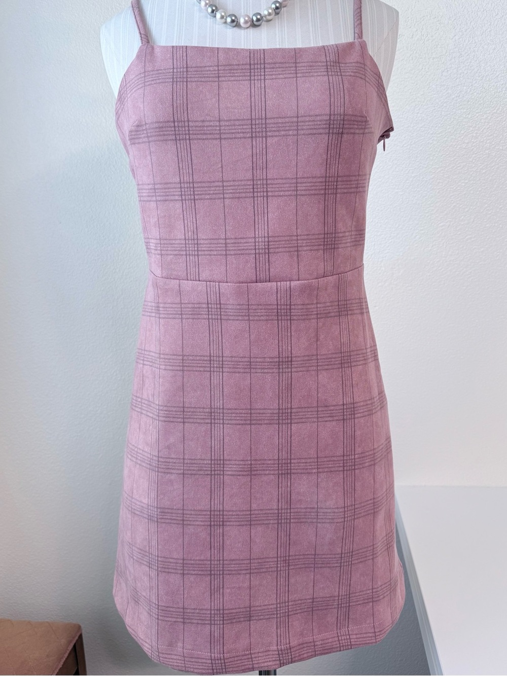 She + Sky Mauve Pink Plaid Mini Dress Size S Faux Suede Camisole Straps